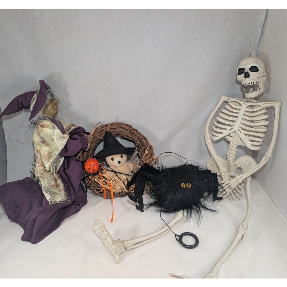 Halloween Decor Bundle Skeleton Flying Witch Spider Wreath Teddy Bear Set
